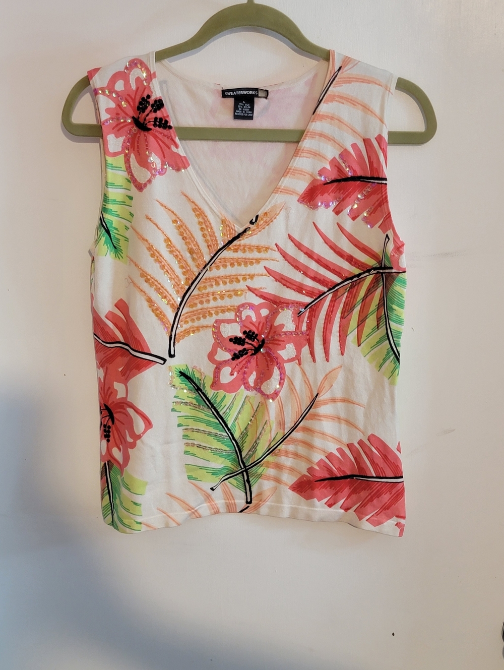 Sweaterworks Silk Blend Tropical Floral V-Neck Sleeveless Top
